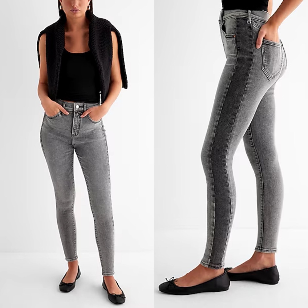 Express High Waisted Gray Wash Two-Tone Skinny Jeans